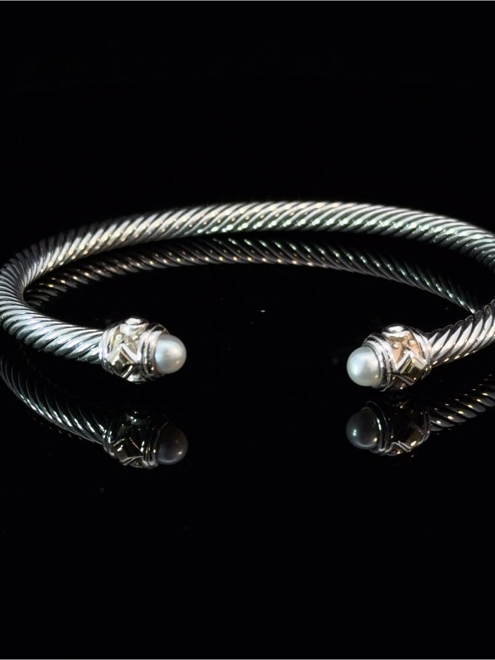 David Yurman Sterling Silver Cable Cuff Bracelet with White Pearls - Picture 7 of 7